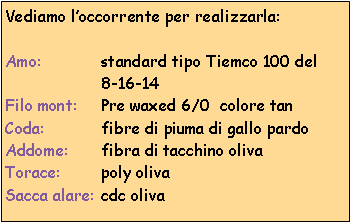 Casella di testo: Vediamo loccorrente per realizzarla:Amo: 		standard tipo Tiemco 100 del 			8-16-14Filo mont:	Pre waxed 6/0  colore tan Coda: 		fibre di piuma di gallo pardoAddome: 	fibra di tacchino olivaTorace: 	poly olivaSacca alare: 	cdc oliva