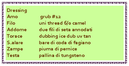 Casella di testo: DressingAmo		 grub #12Filo			uni thread 6/0 camelAddome		due fili di seta annodatiTorace		dubbing ice dub uv tanS.alare		bare di coda di fagianoZampe		piuma di pernice Testa		pallina di tungsteno	