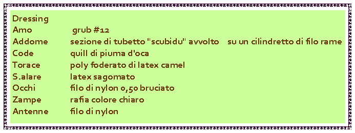 Casella di testo: DressingAmo		 grub #12Addome		sezione di tubetto "scubidu" avvolto    su un cilindretto di filo rameCode		quill di piuma d'ocaTorace		poly foderato di latex camelS.alare		latex sagomatoOcchi		filo di nylon 0,50 bruciatoZampe		rafia colore chiaroAntenne		filo di nylon	