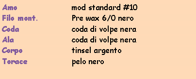 Casella di testo: Amo			mod standard #10Filo mont.		Pre wax 6/0 neroCoda			coda di volpe neraAla			coda di volpe neraCorpo			tinsel argentoTorace		pelo nero