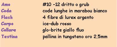 Casella di testo: Amo			#10 12 dritto o grubCoda			code lunghe in marabou biancoFlash			4 fibre di lurex argentoCorpo			ice-dub rossoCollare		glo-brite giallo fluoTestina		pallina in tungsteno oro 2,5mm