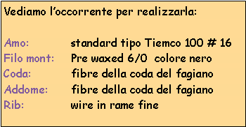 Casella di testo: Vediamo loccorrente per realizzarla:Amo: 		standard tipo Tiemco 100 # 16Filo mont:	Pre waxed 6/0  colore nero Coda: 		fibre della coda del fagianoAddome: 	fibre della coda del fagianoRib: 		wire in rame fine